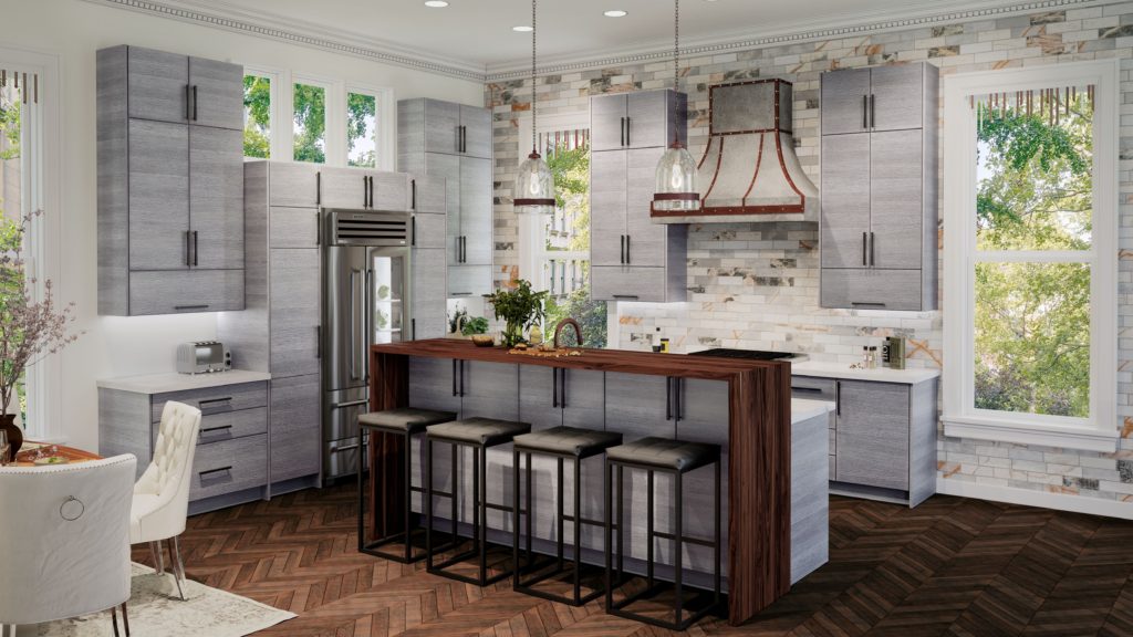 grey kitchen cabinets and wooden accent