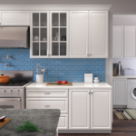 white kitchen renovation with blue backsplash