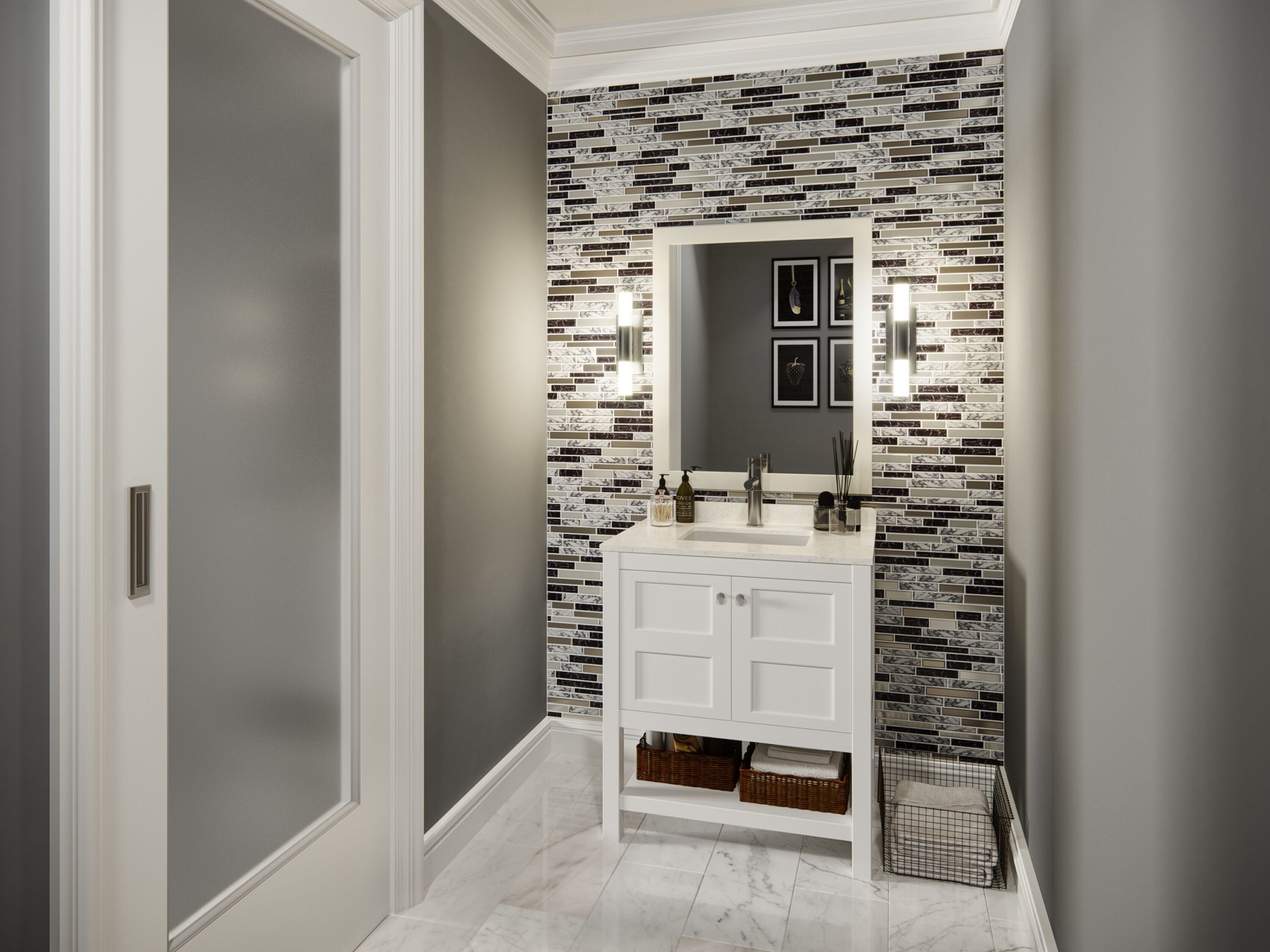 bathroom vanity with tile backsplash